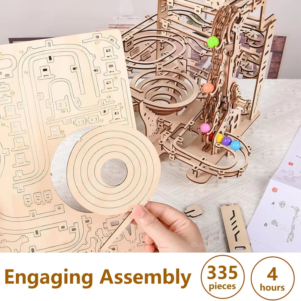 3D Wooden Puzzle DIY Assembly Building Kits Mechanical Model Marble Run Set Craft STEM Kit Home Craft Gifts Adults Kids