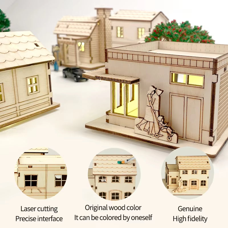 3D LED Light Wooden House Puzzle DIY Building Model Kit Jigsaw Toy for Kids Christmas Decorations