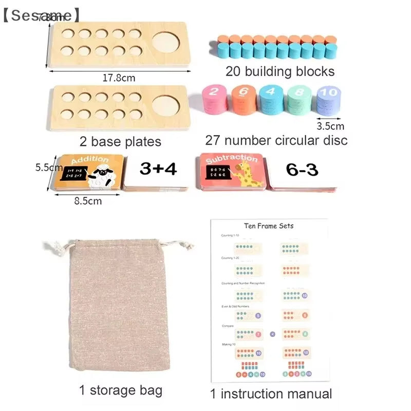 Wooden Ten Grid Arithmetic Sensation Educational Toys Subtraction Counting Board Montessori Math Tools for Children Learning Byh