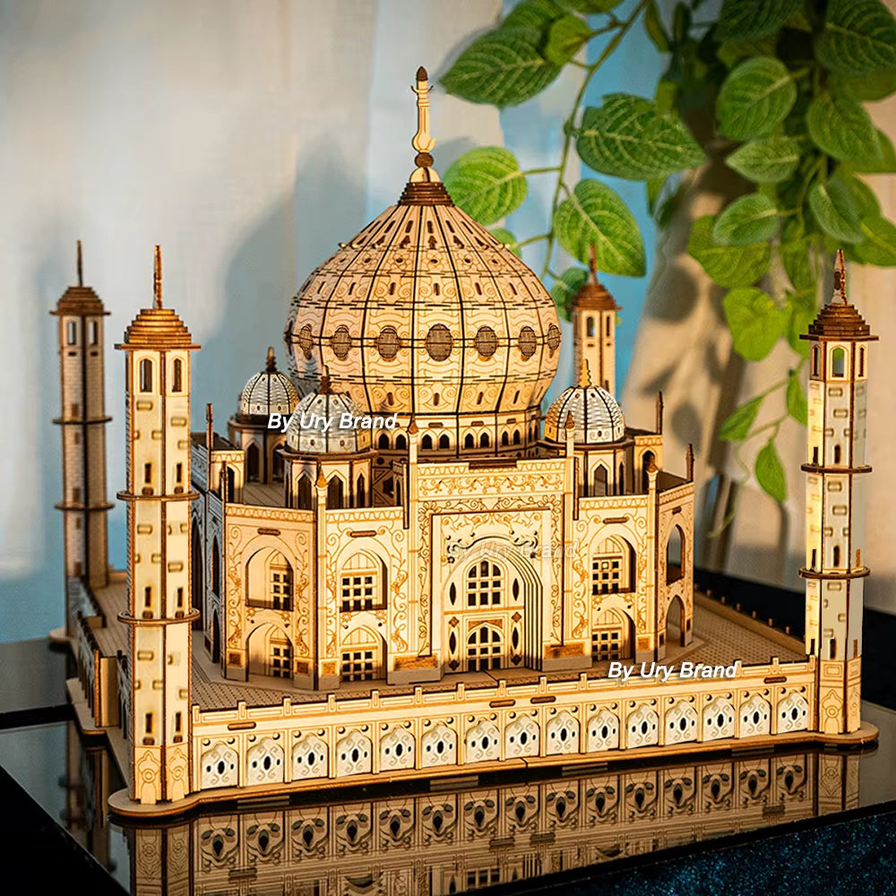 3D Wooden Puzzle House Royal Castle Taj Mahal with Light Assembly Toy for Kids Adult DIY Model Kits Desk Decoration for Gifts