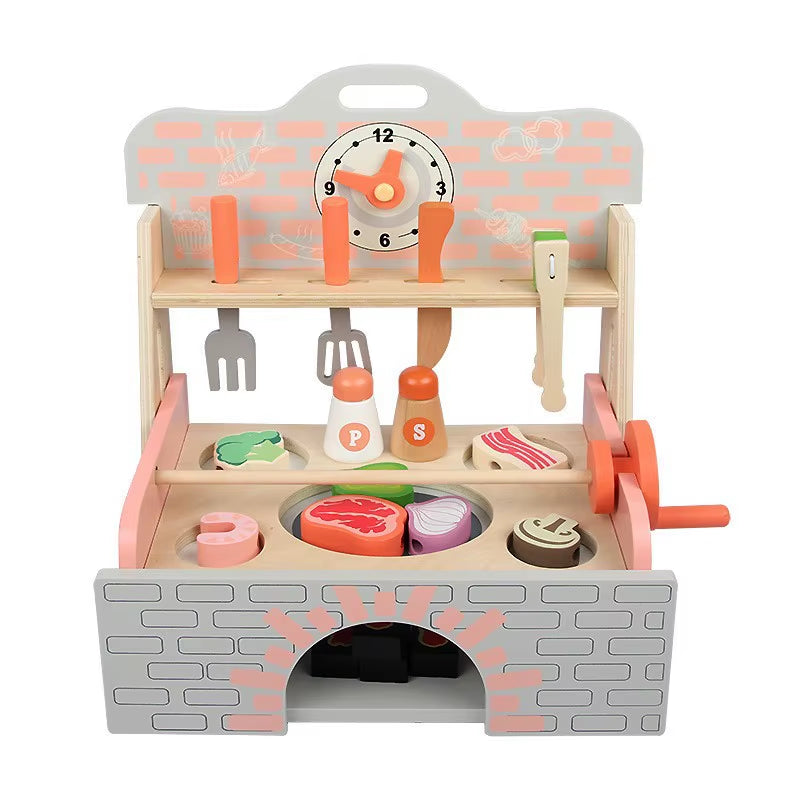 Kids Wooden Play Kitchen Set - Miniature Stove with Cutting Food Vegetables & Pots Pretend Play Toy