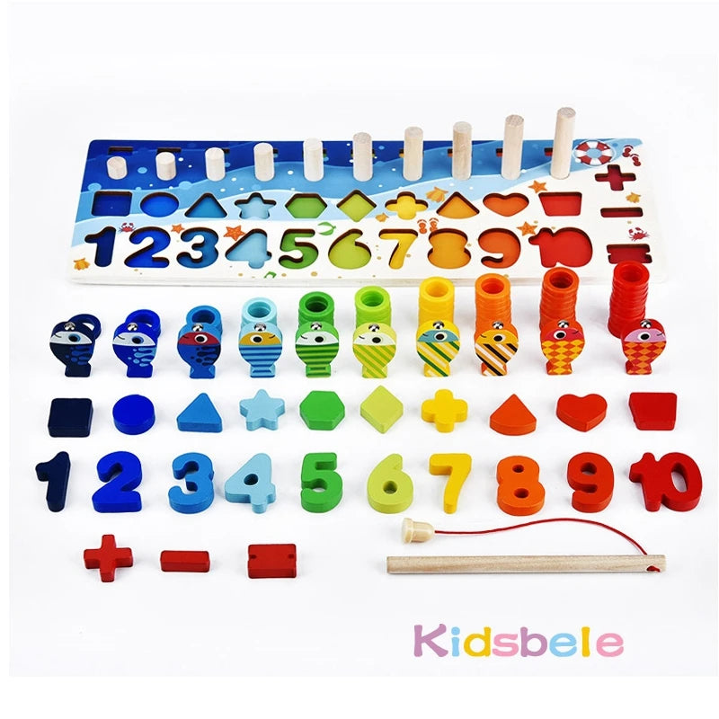 Kids Montessori Math Toys for Toddlers Educational Wooden Puzzle Fishing Toys Count Number Shape Matching Sorter Games Board Toy