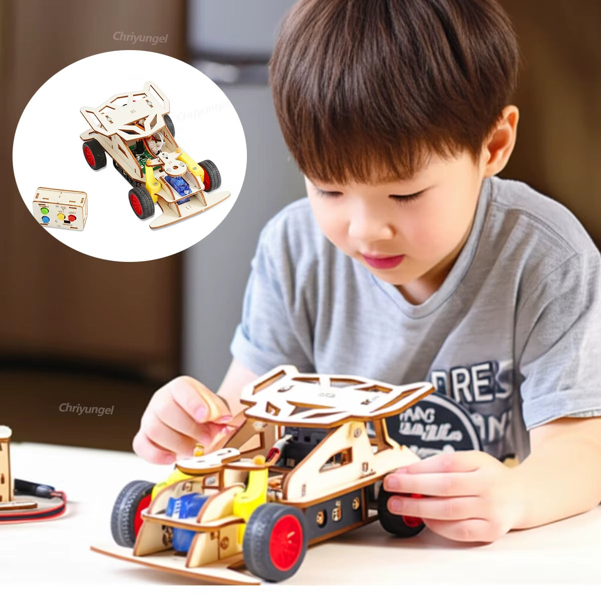 DIY Wooden Remote Control Car Mini Four-Wheel Drive Racing Car Science Experiment Kits STEM Educational Toy for Teen Kids Gifts