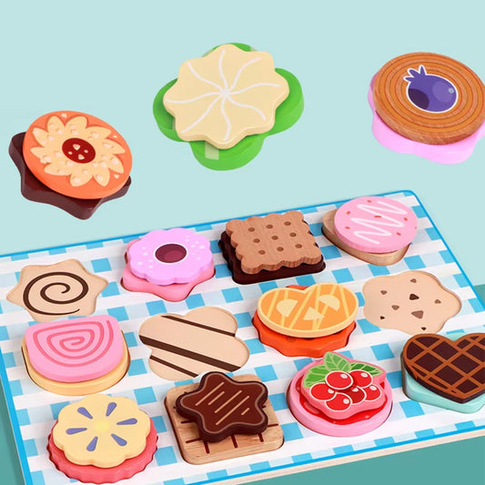 Wooden Dessert Puzzle Toy Set - Colorful Cookie and Pastry Matching Toy Toddler Shape Recognition and Fine Motor Skills