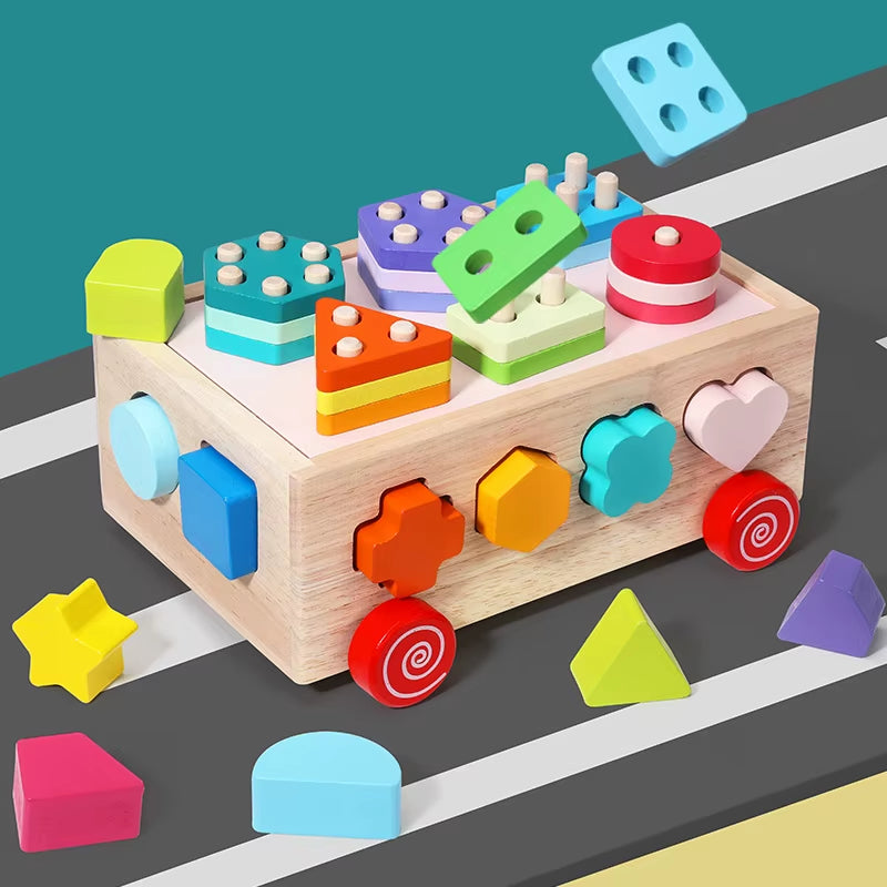 Wooden Shapes Sort Car Toys Montessori Early Education Puzzles Sorter Matching Blocks Box Game Holiday Gifts for Children