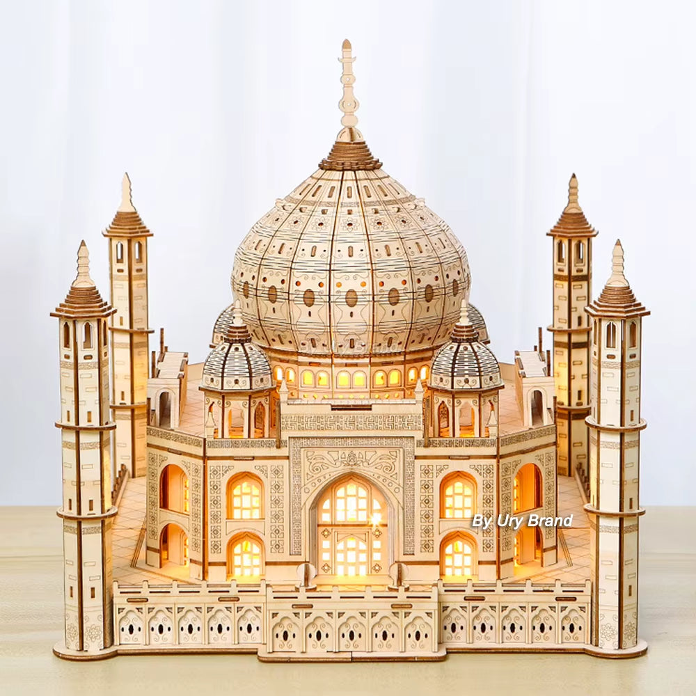 3D Wooden Puzzle House Royal Castle Taj Mahal with Light Assembly Toy for Kids Adult DIY Model Kits Desk Decoration for Gifts