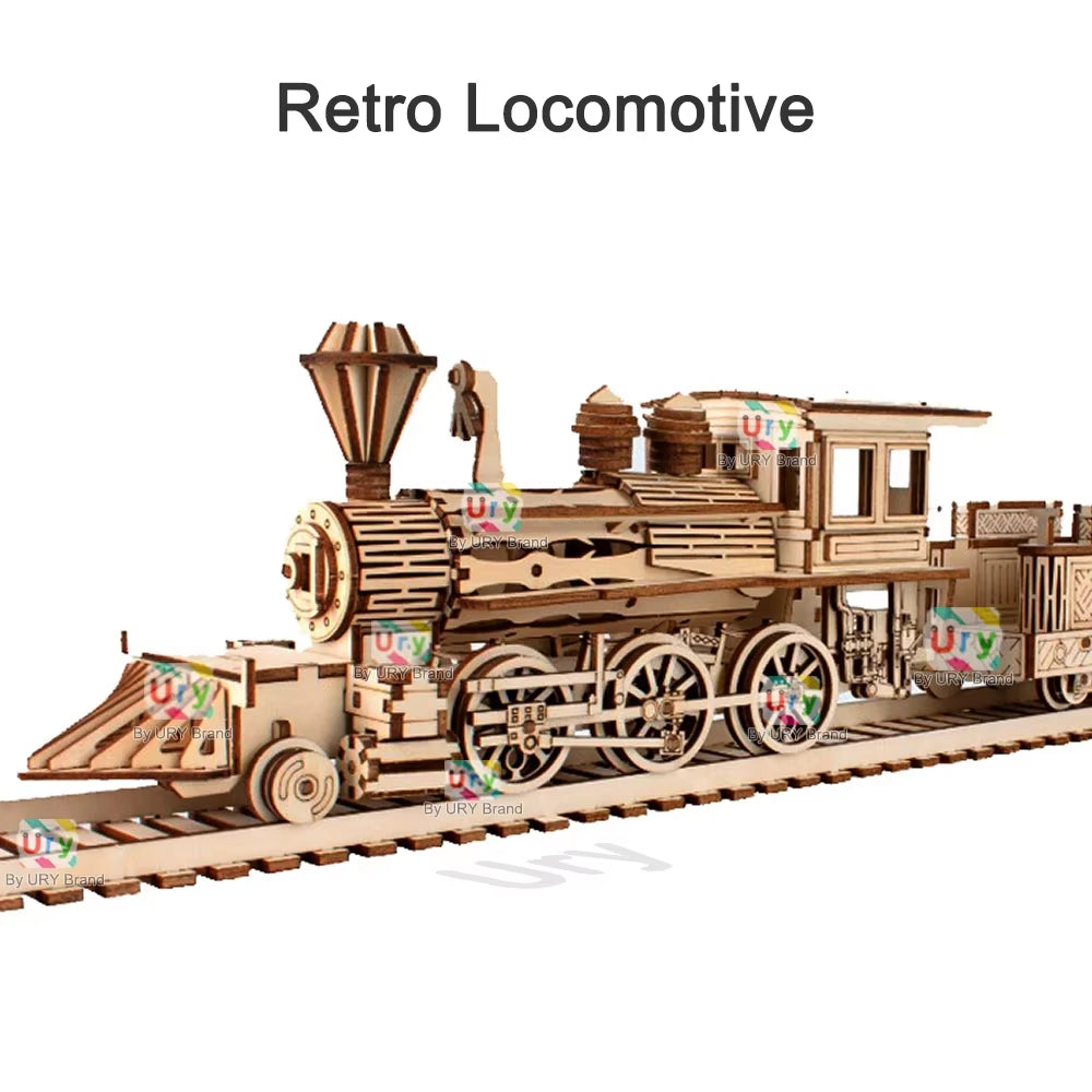 3D Wooden Puzzle Retro Steam Train with Track Railway Bridge Handmade Assembly Truck Model DIY Toys Decoration Gift for Kids