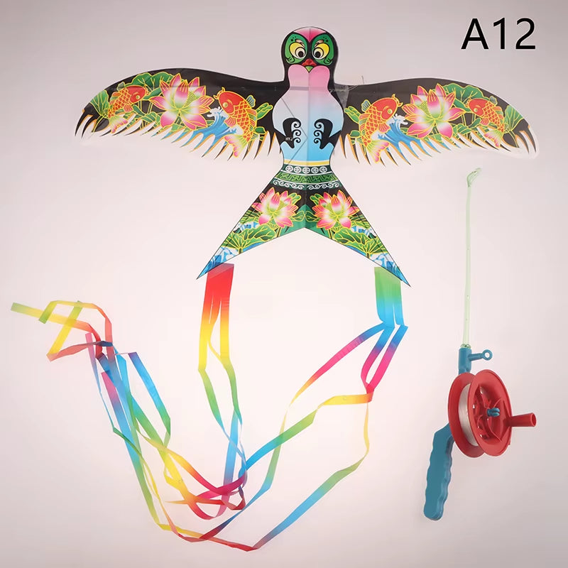 Children Kite Cartoon Foldable Mini Plastic Toys Kite with Hand Brake Fishing Rod for Kids Outdoor Fun Toy for Family Gathering