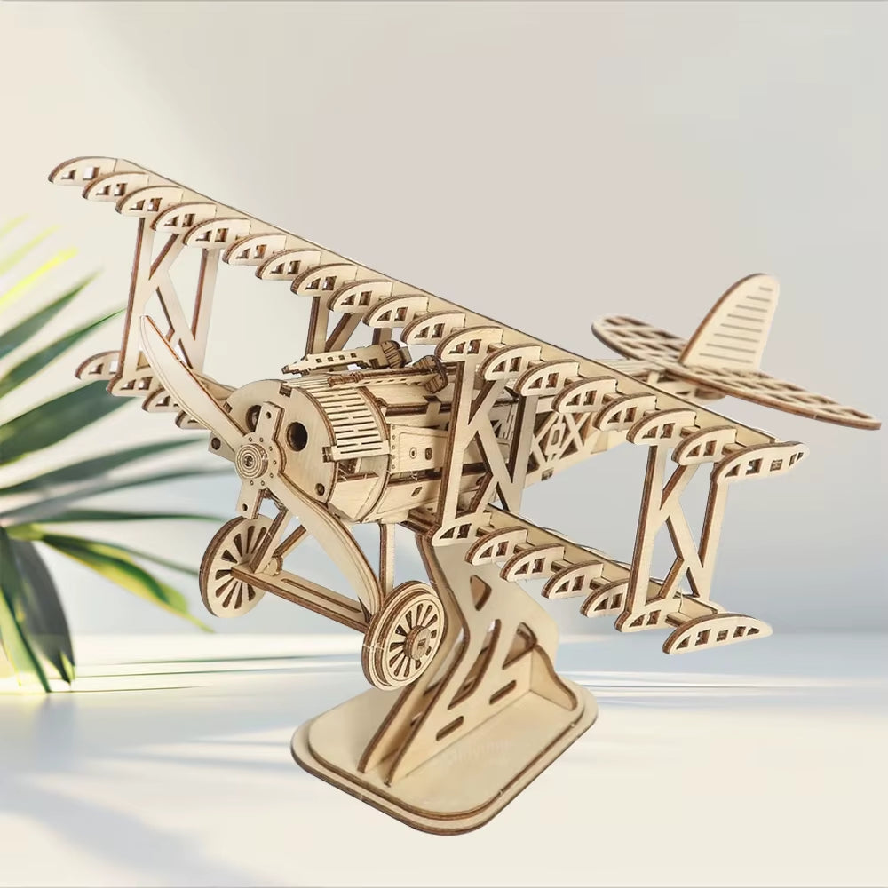 3D Wooden Puzzle Aircraft Model Kit DIY Assembly Bi-Plane Building Kits Home Decor Crafts Gift for Adults Kids Teen