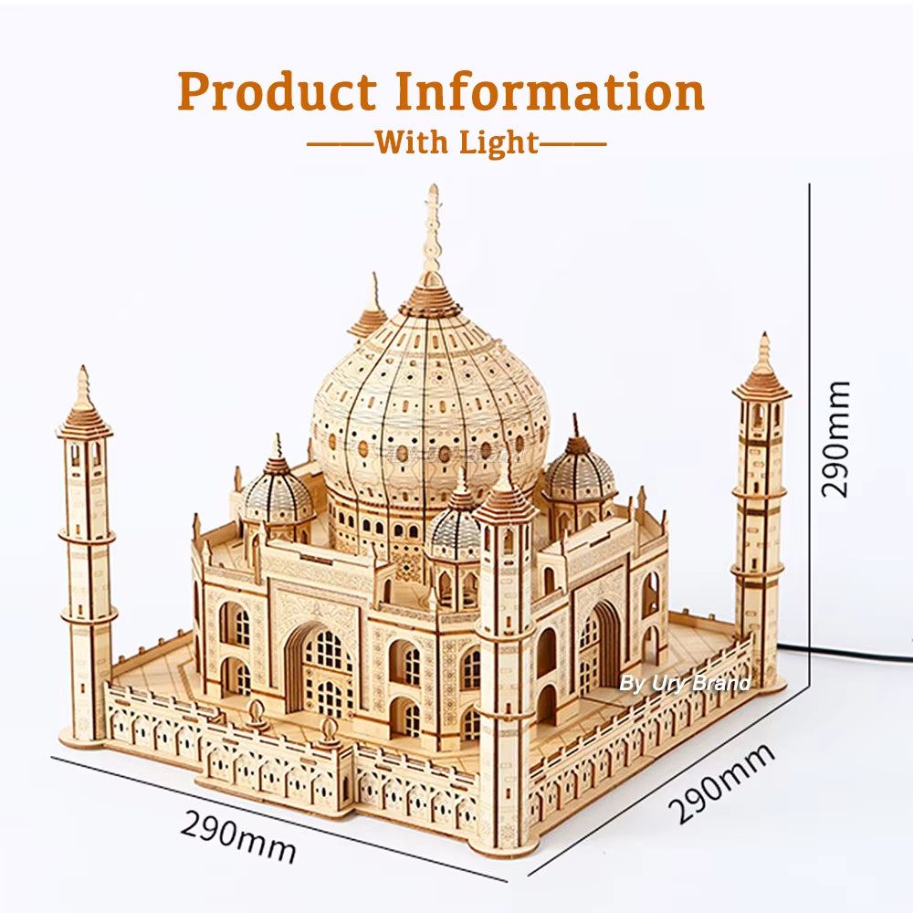 3D Wooden Puzzle House Royal Castle Taj Mahal with Light Assembly Toy for Kids Adult DIY Model Kits Desk Decoration for Gifts