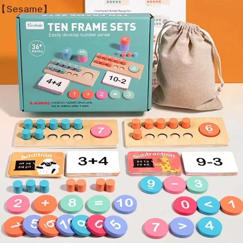 Wooden Ten Grid Arithmetic Sensation Educational Toys Subtraction Counting Board Montessori Math Tools for Children Learning Byh
