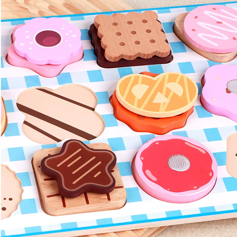 Wooden Dessert Puzzle Toy Set - Colorful Cookie and Pastry Matching Toy Toddler Shape Recognition and Fine Motor Skills