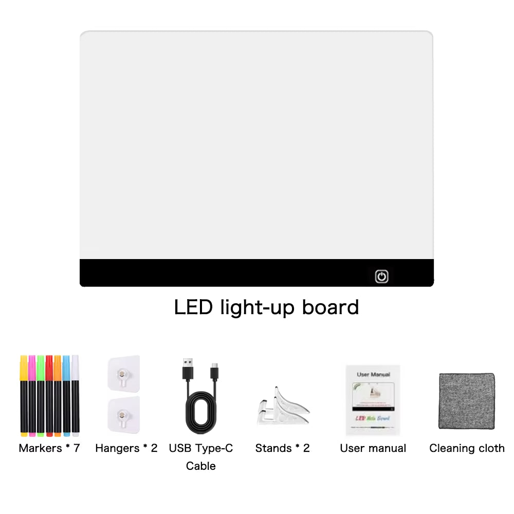 13.77"X9.84" - Acrylic Clear Light up Drawing Board , Glow Erasable Memo LED Magic Board , with 7 Color Markers Pen and Stand