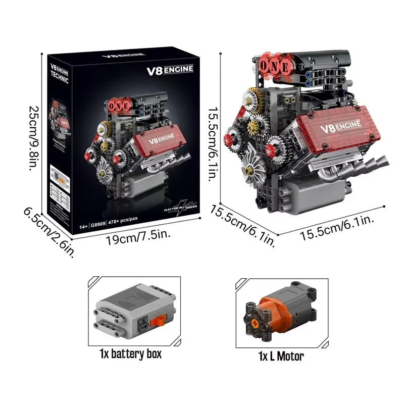 478PCS Motorized V8 Engine Building Blocks Set with L Motor AA Battery Box - DIY Simulation Model Car Parts for Kids Adults Gift