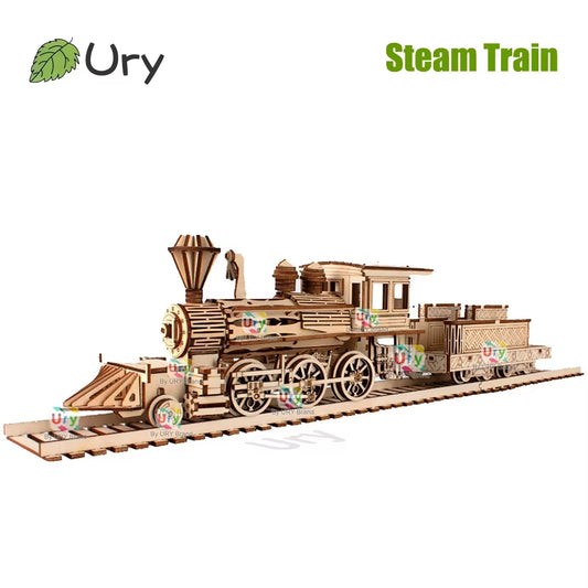 3D Wooden Puzzle Retro Steam Train with Track Railway Bridge Handmade Assembly Truck Model DIY Toys Decoration Gift for Kids