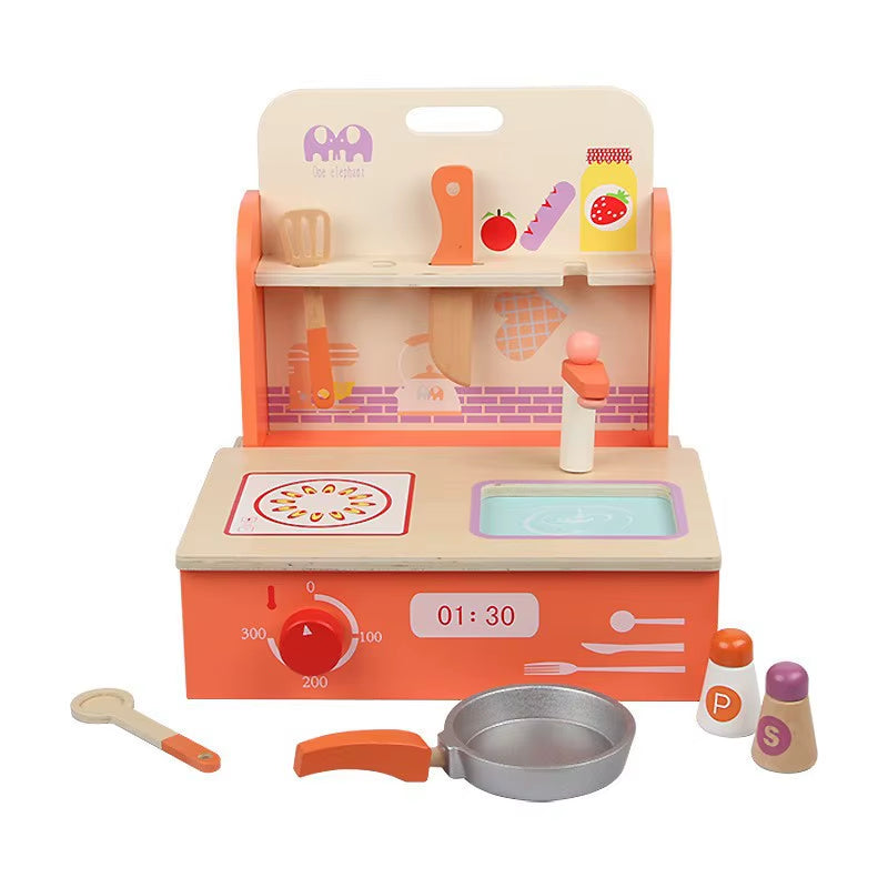 Kids Wooden Play Kitchen Set - Miniature Stove with Cutting Food Vegetables & Pots Pretend Play Toy