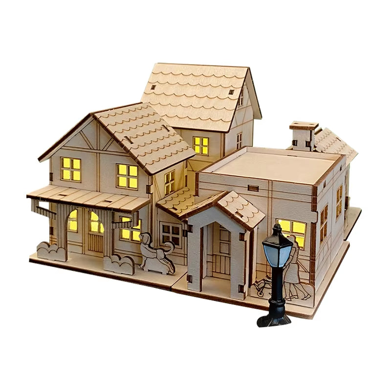 3D LED Light Wooden House Puzzle DIY Building Model Kit Jigsaw Toy for Kids Christmas Decorations