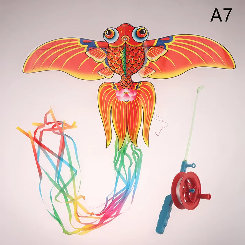 Children Kite Cartoon Foldable Mini Plastic Toys Kite with Hand Brake Fishing Rod for Kids Outdoor Fun Toy for Family Gathering