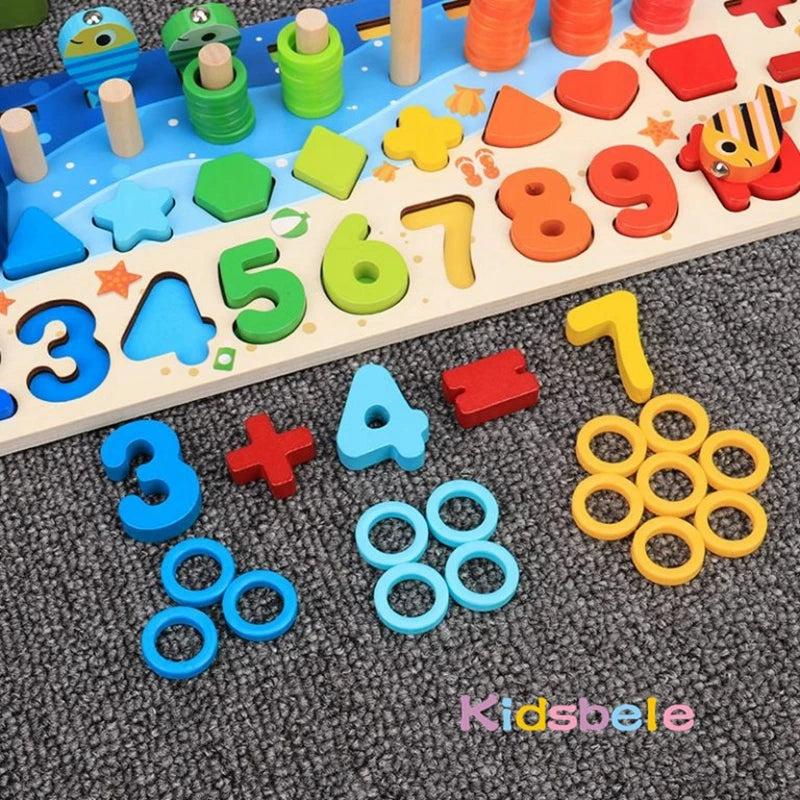 Kids Montessori Math Toys for Toddlers Educational Wooden Puzzle Fishing Toys Count Number Shape Matching Sorter Games Board Toy