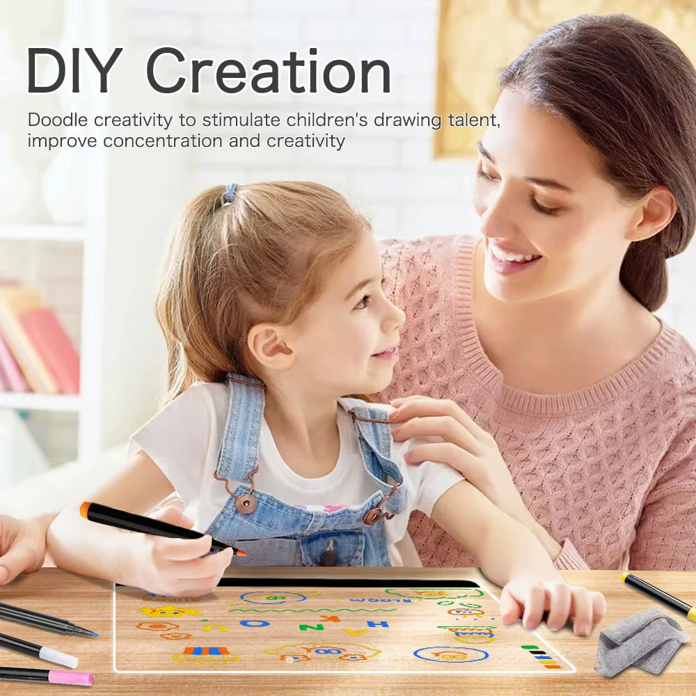 13.77"X9.84" - Acrylic Clear Light up Drawing Board , Glow Erasable Memo LED Magic Board , with 7 Color Markers Pen and Stand