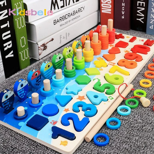 Kids Montessori Math Toys for Toddlers Educational Wooden Puzzle Fishing Toys Count Number Shape Matching Sorter Games Board Toy