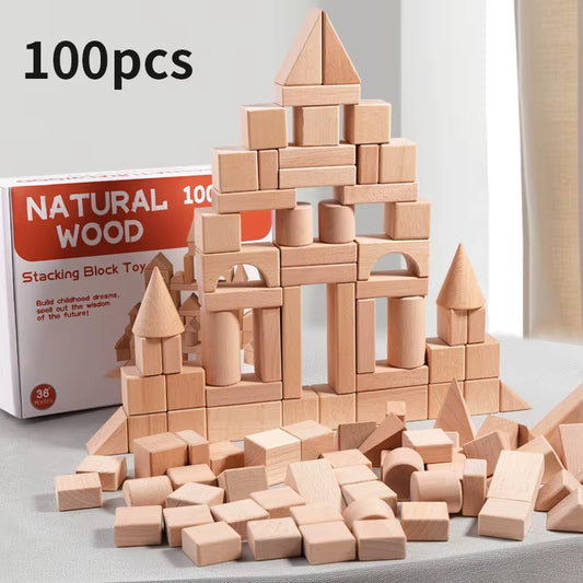 100Pcs Natural Wood Building Blocks for Toddlers Geometric Storage Bucket and Shape Sorter Lid Montessori Educational Toys