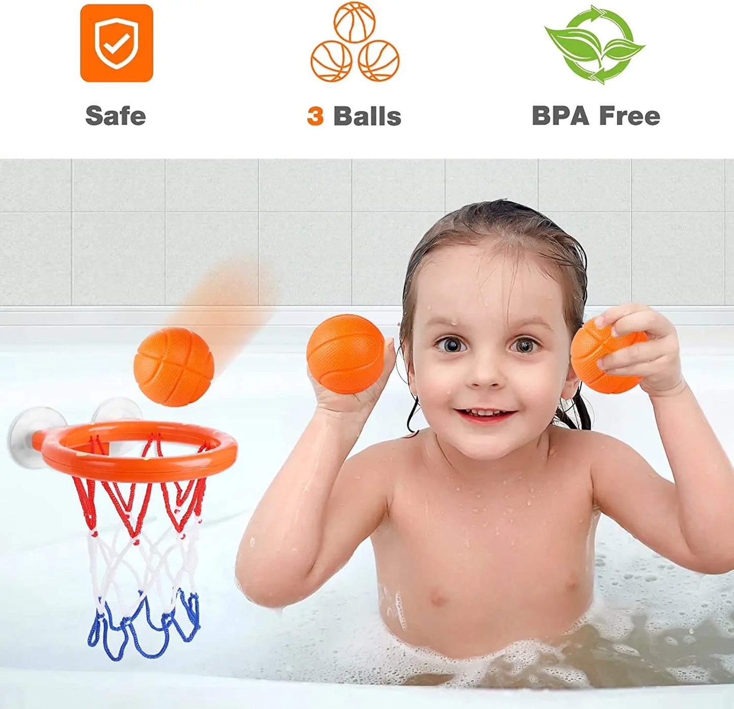 4Pcs Bathroom Shooting Game Toy Bathtub Basketball Hoop Set Fun Kids Bath Toys with 3 Balls Gift for Toddler Kids Children Baby
