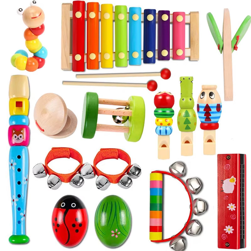 15PCS Montessori Wooden Educational Music Instruments Set for Kids Toddlers Early Learning Toys Birthday Gifts Party Favors