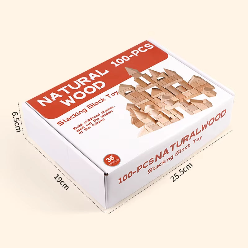 100Pcs Natural Wood Building Blocks for Toddlers Geometric Storage Bucket and Shape Sorter Lid Montessori Educational Toys